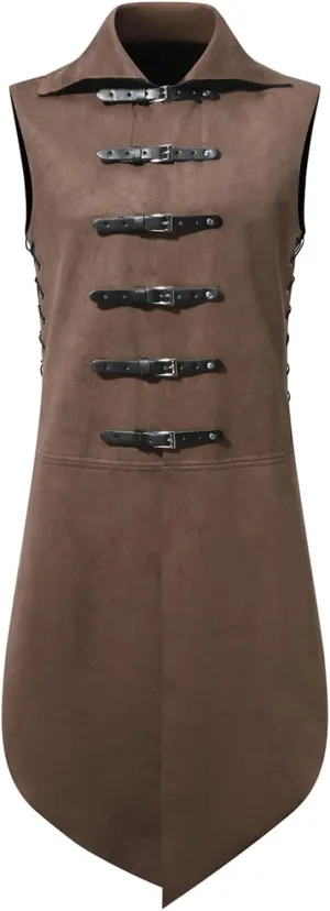 Mens Gothic Steampunk Vest Vintage Tailcoat Jacket Waistcoat Band Collar Sleeveless Coat Victorian Medieval Long Trench Coats