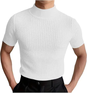 Men's Mock Turtleneck Sweater Short Sleeve Casual Basic Tops Jacquard Knit Pullover Tee Fitted Textured Undershirts