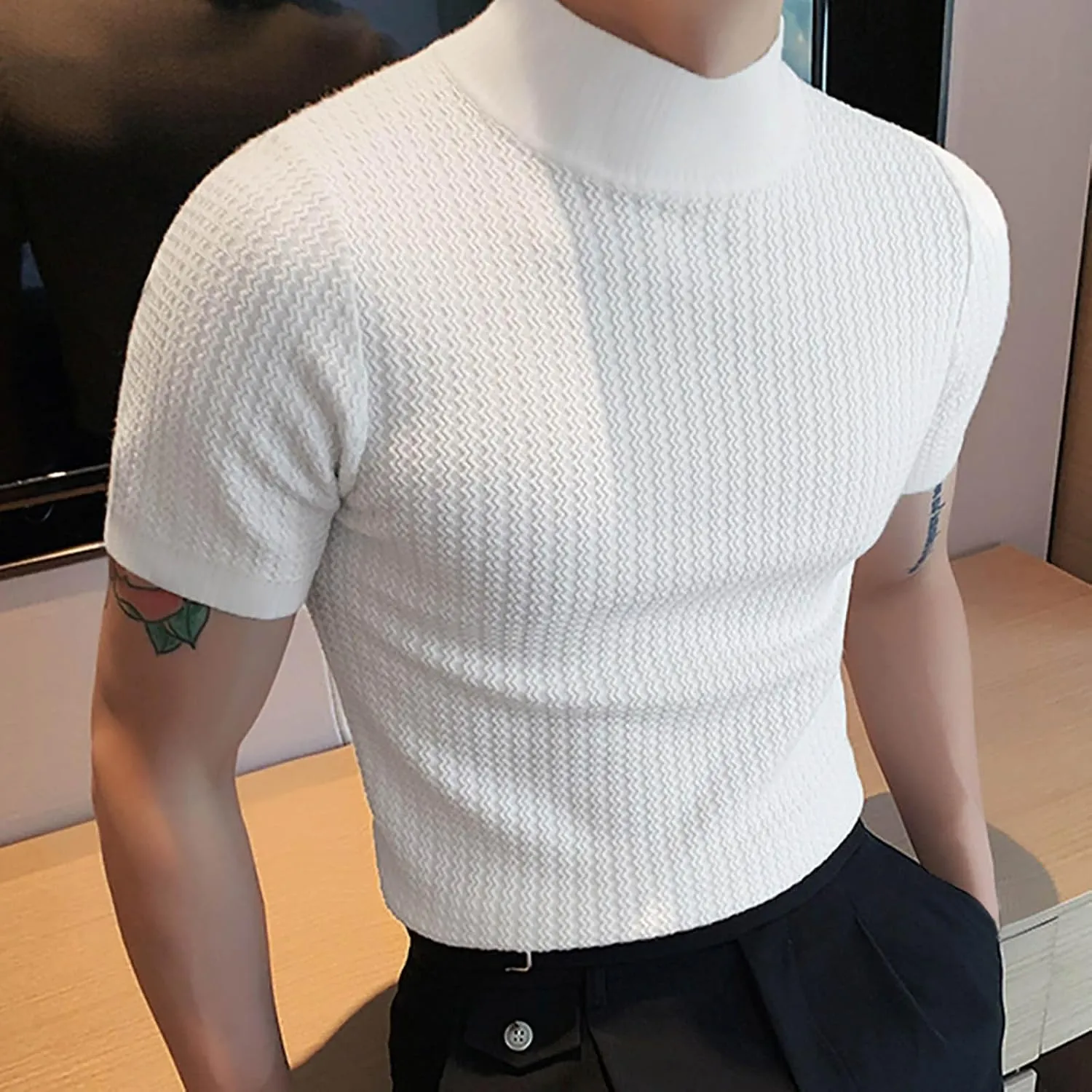 Men's Mock Turtleneck Sweater Short Sleeve Casual Basic Tops Jacquard Knit Pullover Tee Fitted Textured Undershirts