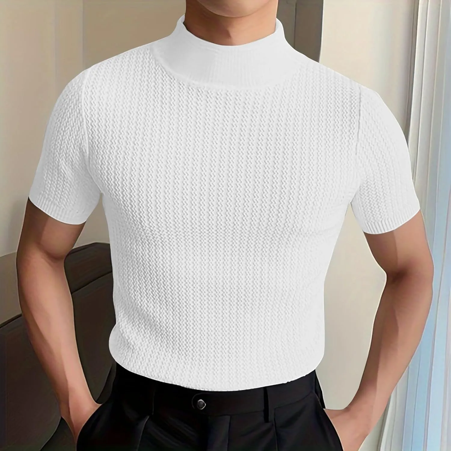 Men's Mock Turtleneck Sweater Short Sleeve Casual Basic Tops Jacquard Knit Pullover Tee Fitted Textured Undershirts