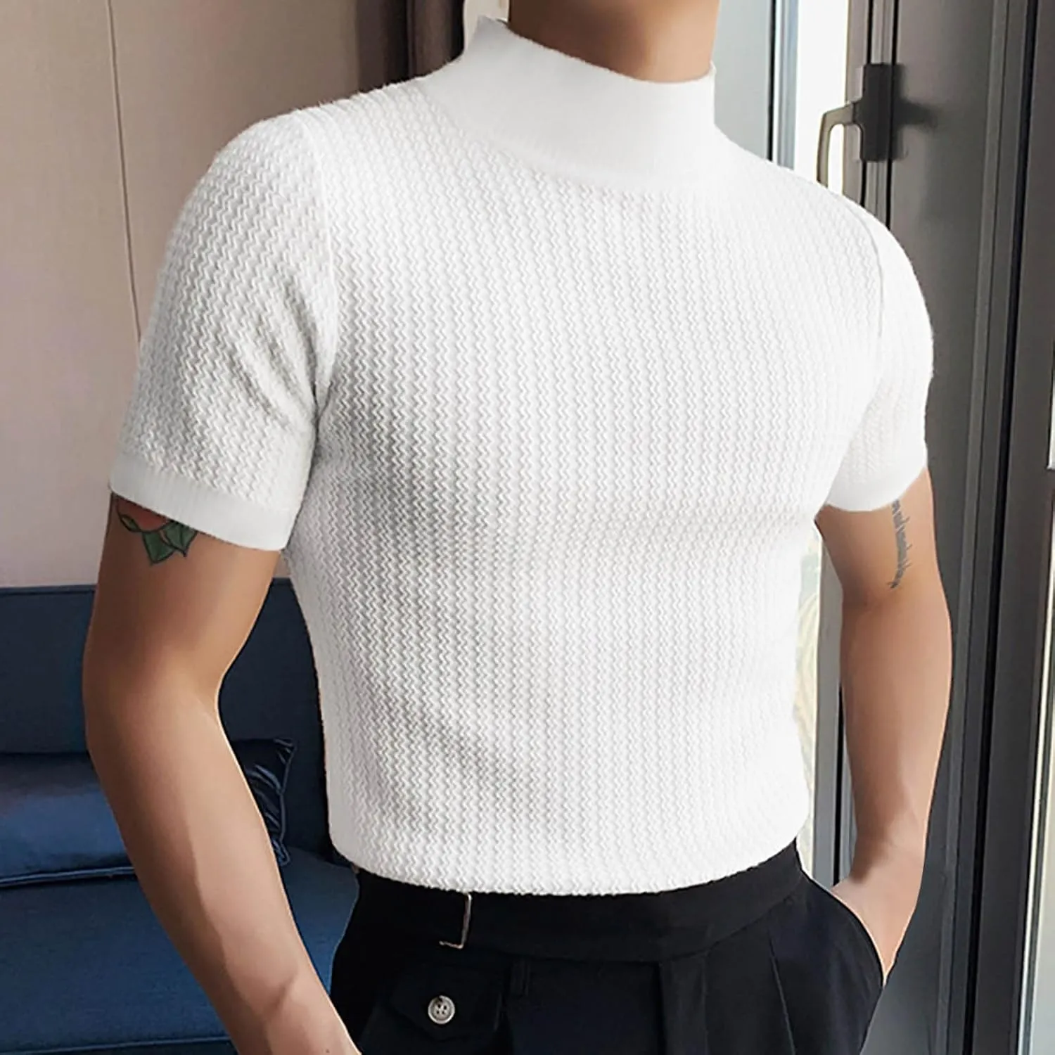 Men's Mock Turtleneck Sweater Short Sleeve Casual Basic Tops Jacquard Knit Pullover Tee Fitted Textured Undershirts