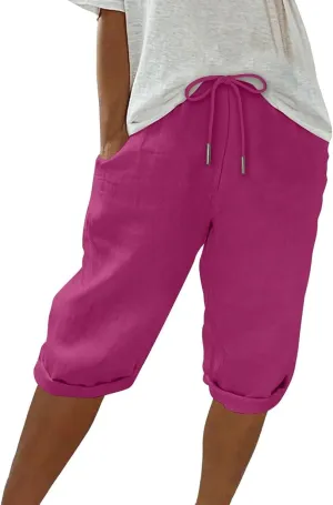 Pedal Pushers for Women Knee Length Elastic Waist Drawstring Linen Capris Pants Lightweight Summer Short