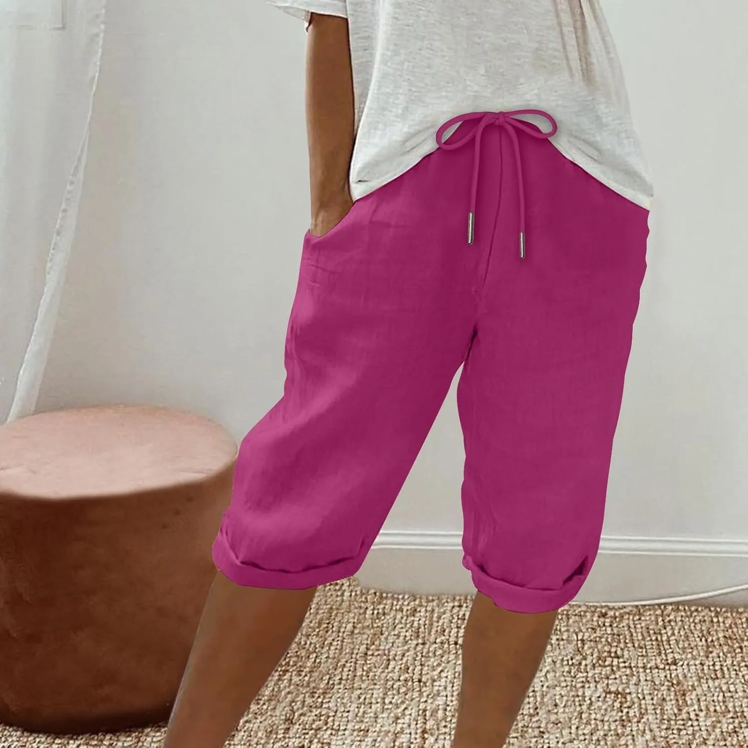 Pedal Pushers for Women Knee Length Elastic Waist Drawstring Linen Capris Pants Lightweight Summer Short