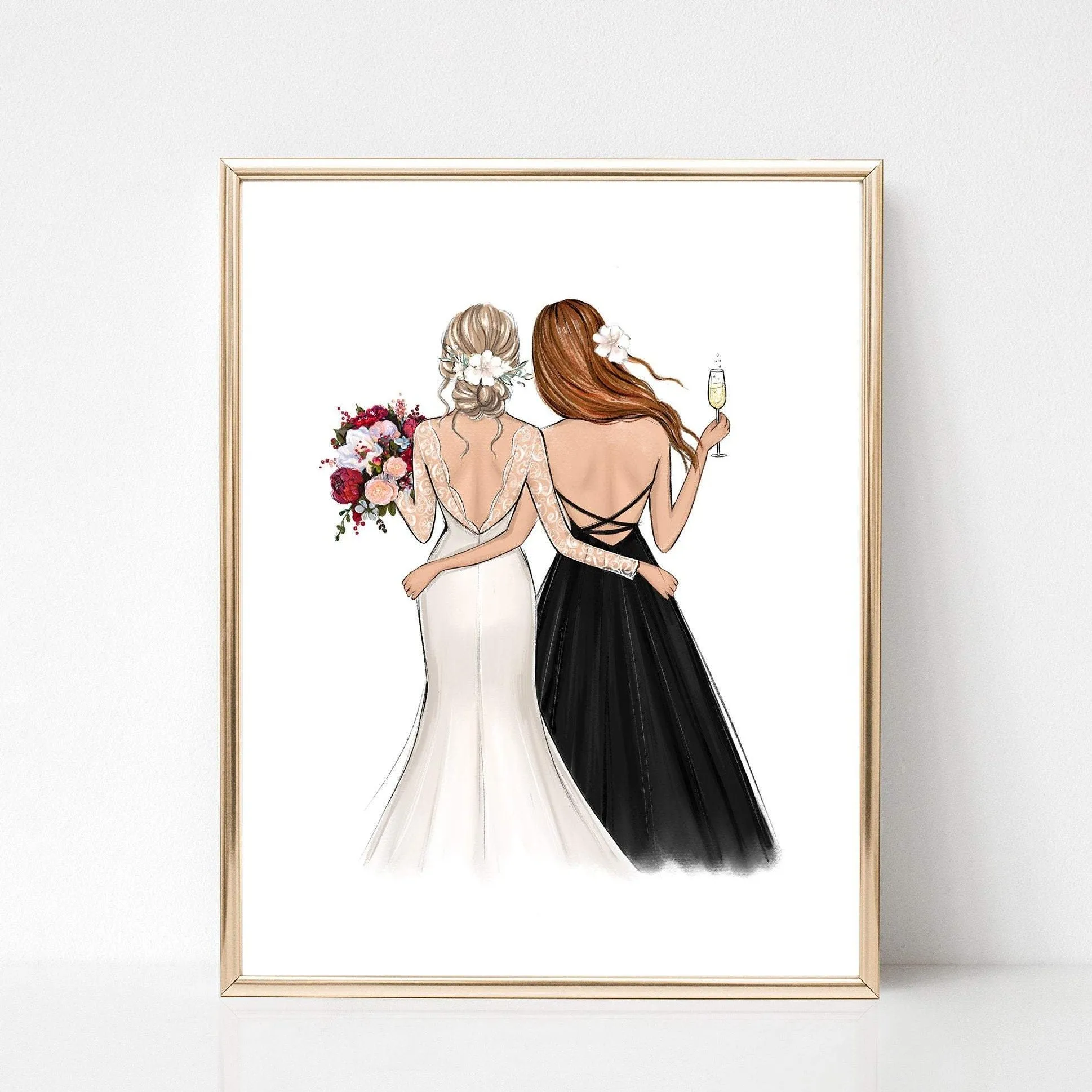 Personalized illustration of bride and bridesmaid with red bouquet.