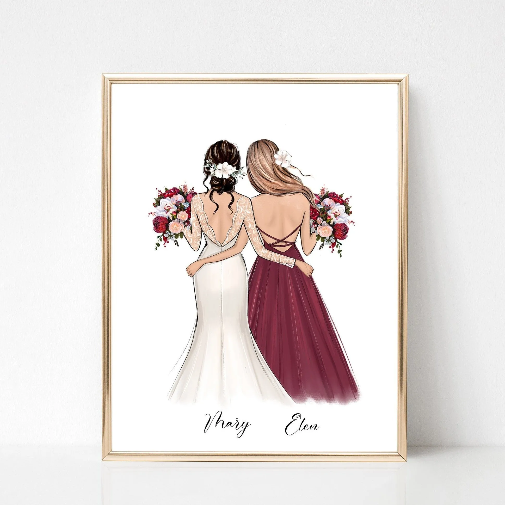 Personalized illustration of bride and bridesmaid with red bouquet.