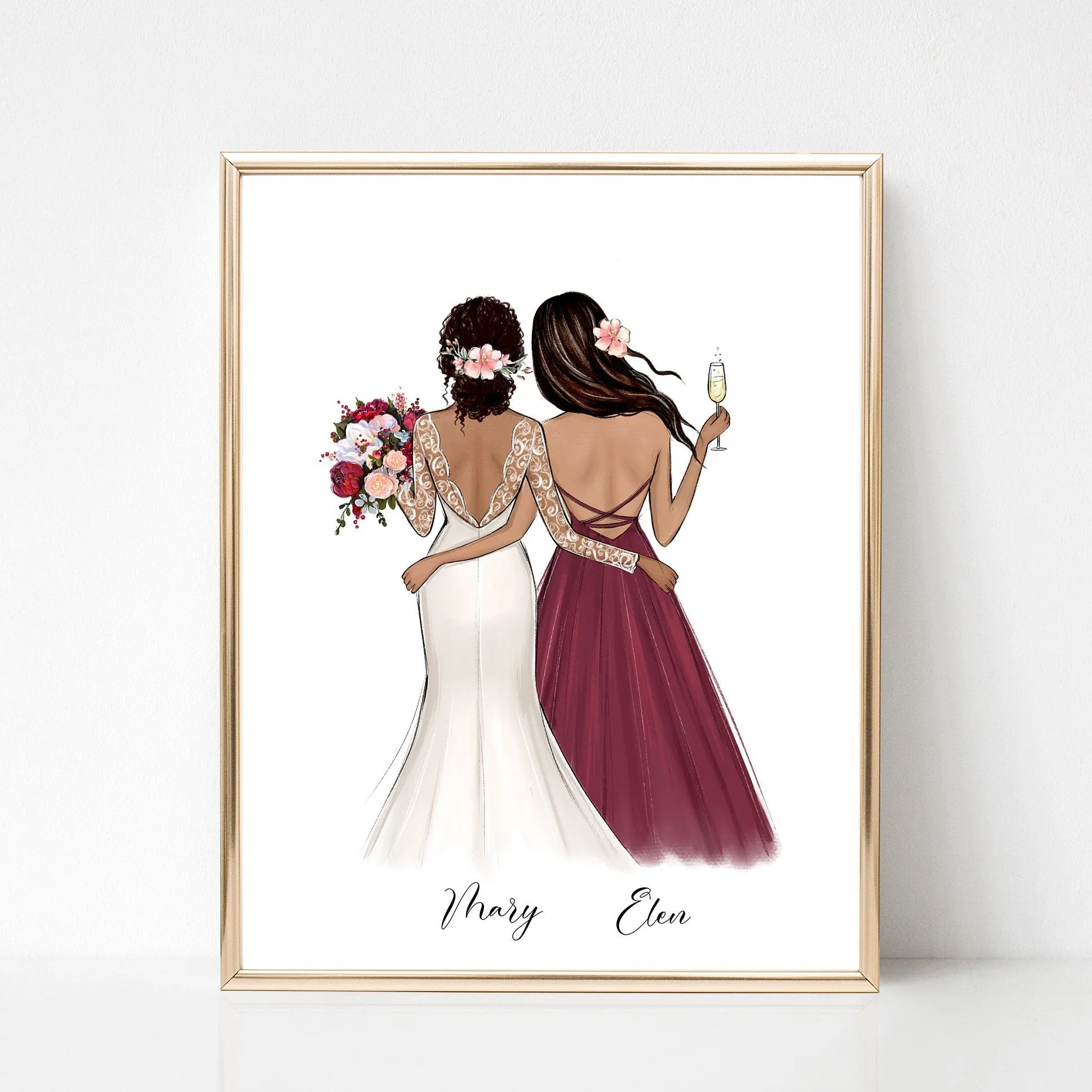 Personalized illustration of bride and bridesmaid with red bouquet.