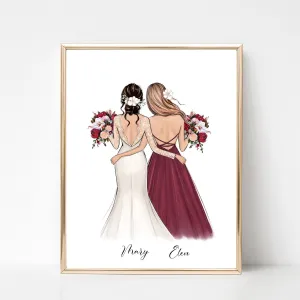 Personalized illustration of bride and bridesmaid with red bouquet.