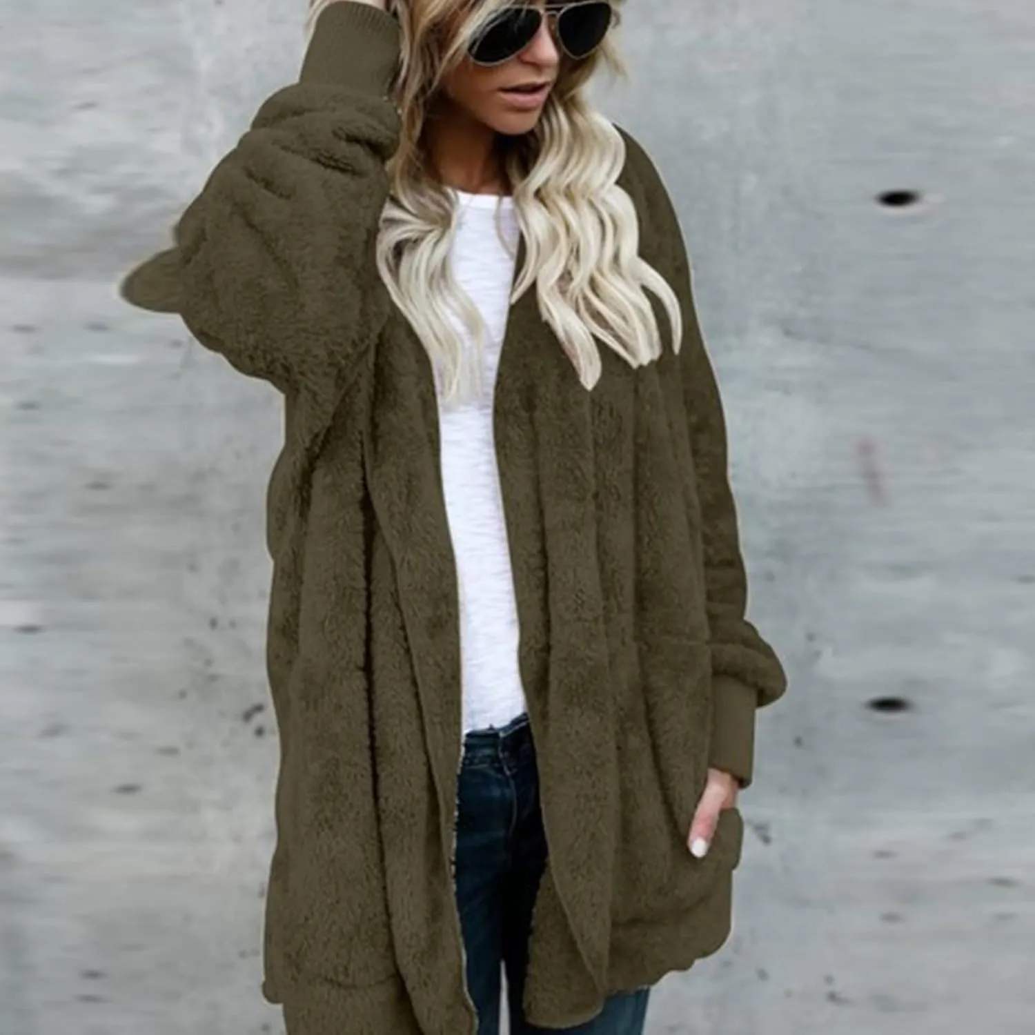 Sherpa Jacket Women Fuzzy Fleece Oversized Open Front Cardigan Hooded Soft Fluffy Robe Winter Coats with Pockets