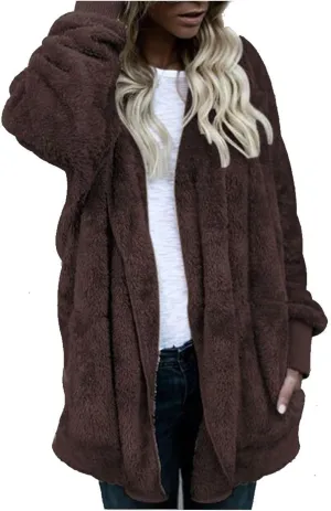 Sherpa Jacket Women Fuzzy Fleece Oversized Open Front Cardigan Hooded Soft Fluffy Robe Winter Coats with Pockets