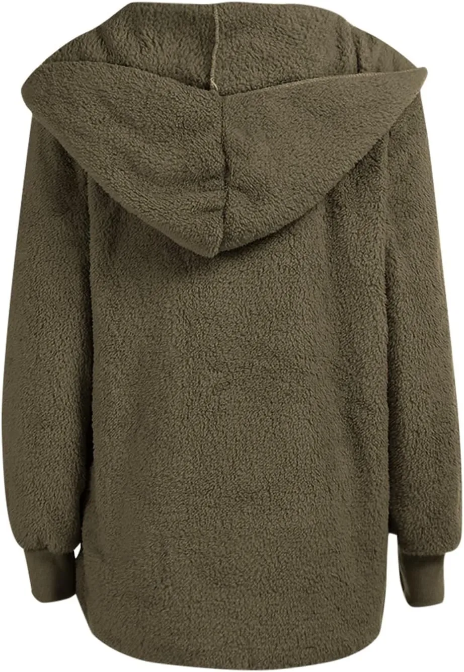 Sherpa Jacket Women Fuzzy Fleece Oversized Open Front Cardigan Hooded Soft Fluffy Robe Winter Coats with Pockets