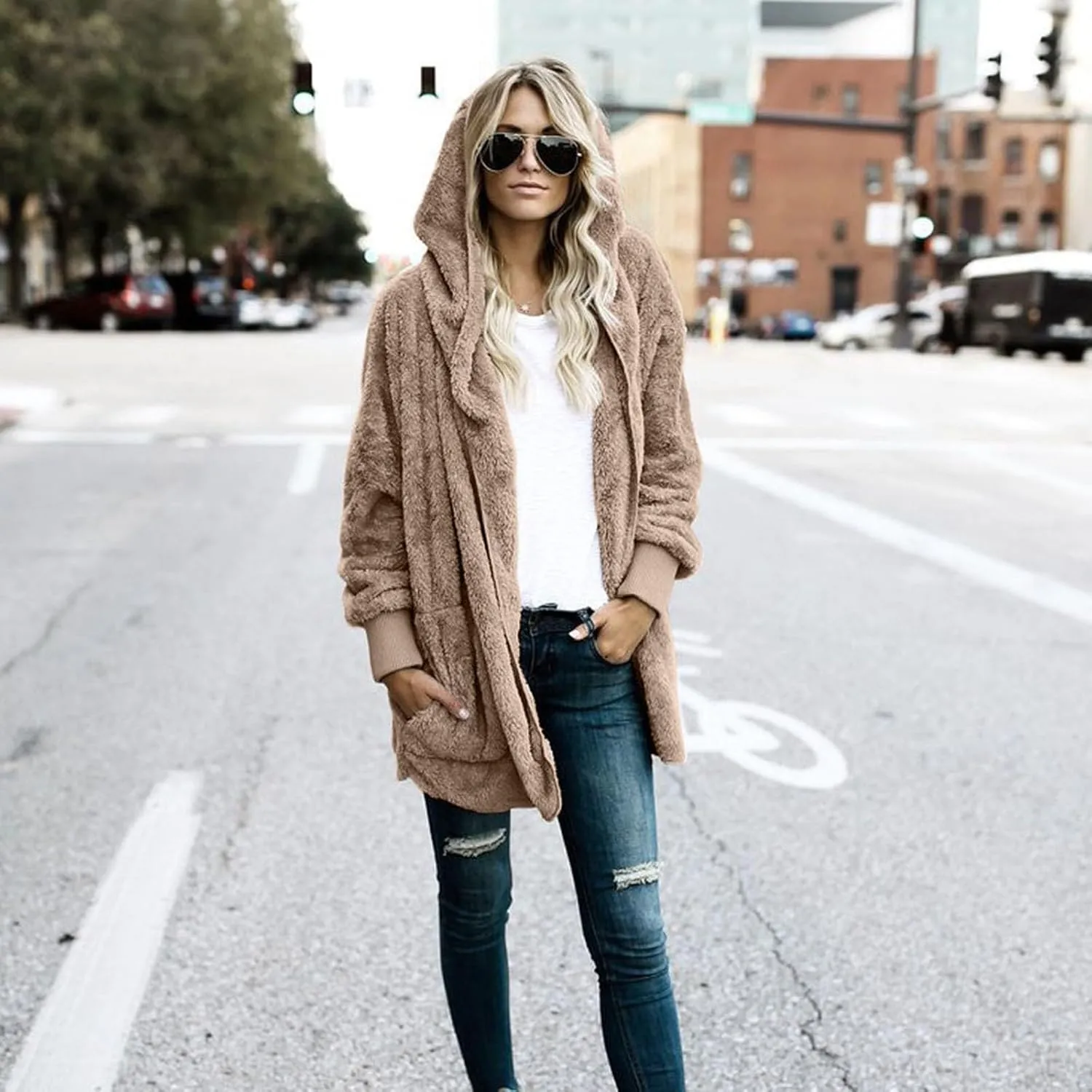 Sherpa Jacket Women Fuzzy Fleece Oversized Open Front Cardigan Hooded Soft Fluffy Robe Winter Coats with Pockets