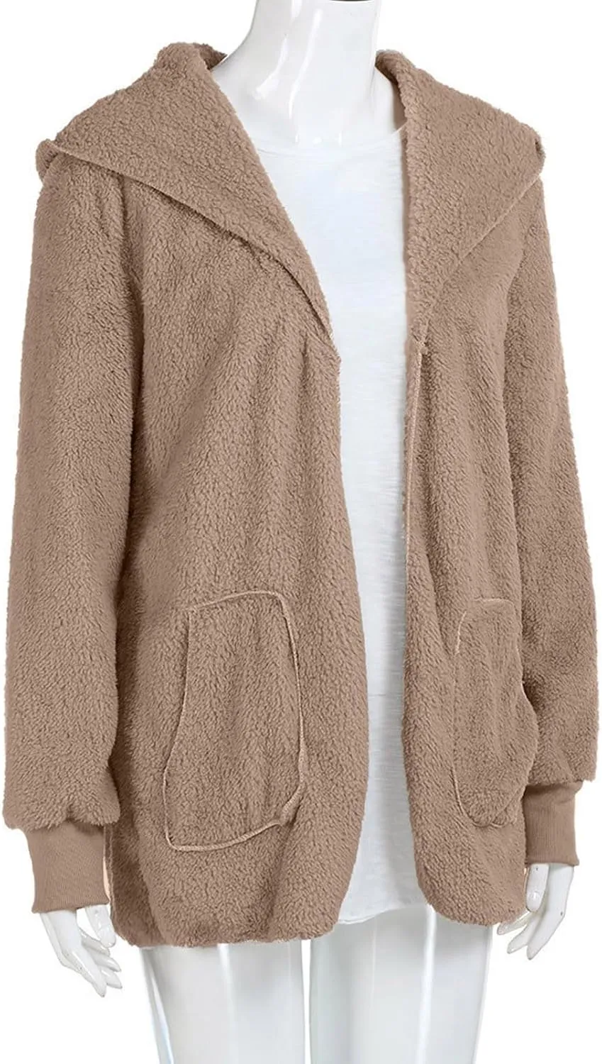 Sherpa Jacket Women Fuzzy Fleece Oversized Open Front Cardigan Hooded Soft Fluffy Robe Winter Coats with Pockets