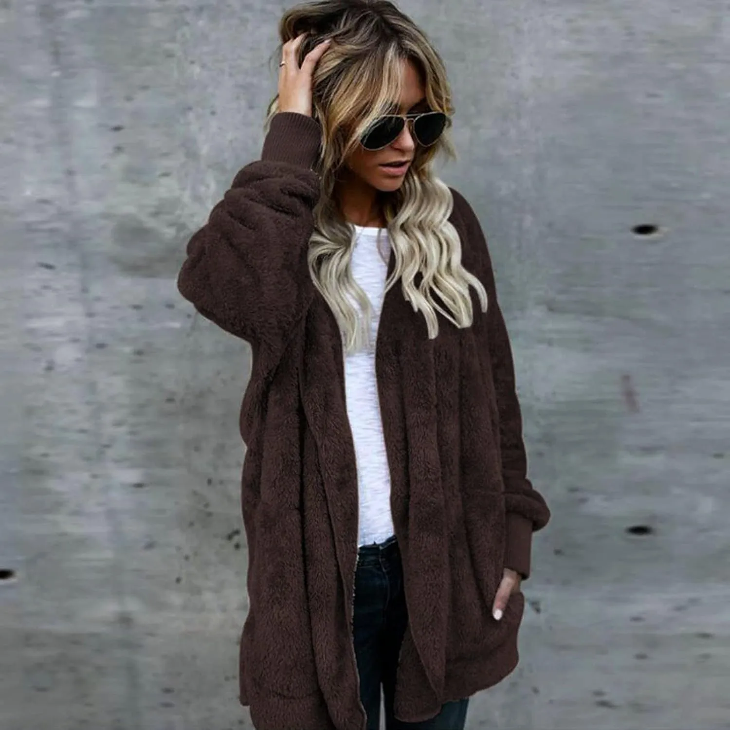 Sherpa Jacket Women Fuzzy Fleece Oversized Open Front Cardigan Hooded Soft Fluffy Robe Winter Coats with Pockets