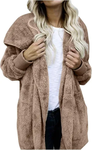 Sherpa Jacket Women Fuzzy Fleece Oversized Open Front Cardigan Hooded Soft Fluffy Robe Winter Coats with Pockets