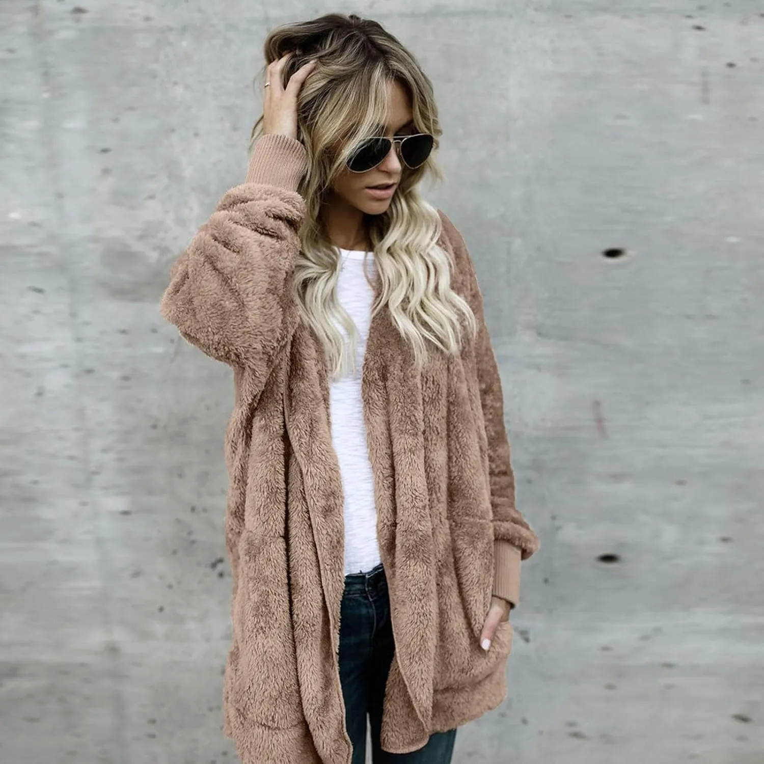 Sherpa Jacket Women Fuzzy Fleece Oversized Open Front Cardigan Hooded Soft Fluffy Robe Winter Coats with Pockets