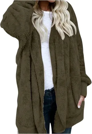 Sherpa Jacket Women Fuzzy Fleece Oversized Open Front Cardigan Hooded Soft Fluffy Robe Winter Coats with Pockets