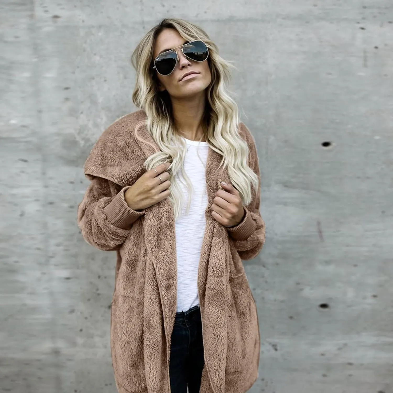 Sherpa Jacket Women Fuzzy Fleece Oversized Open Front Cardigan Hooded Soft Fluffy Robe Winter Coats with Pockets