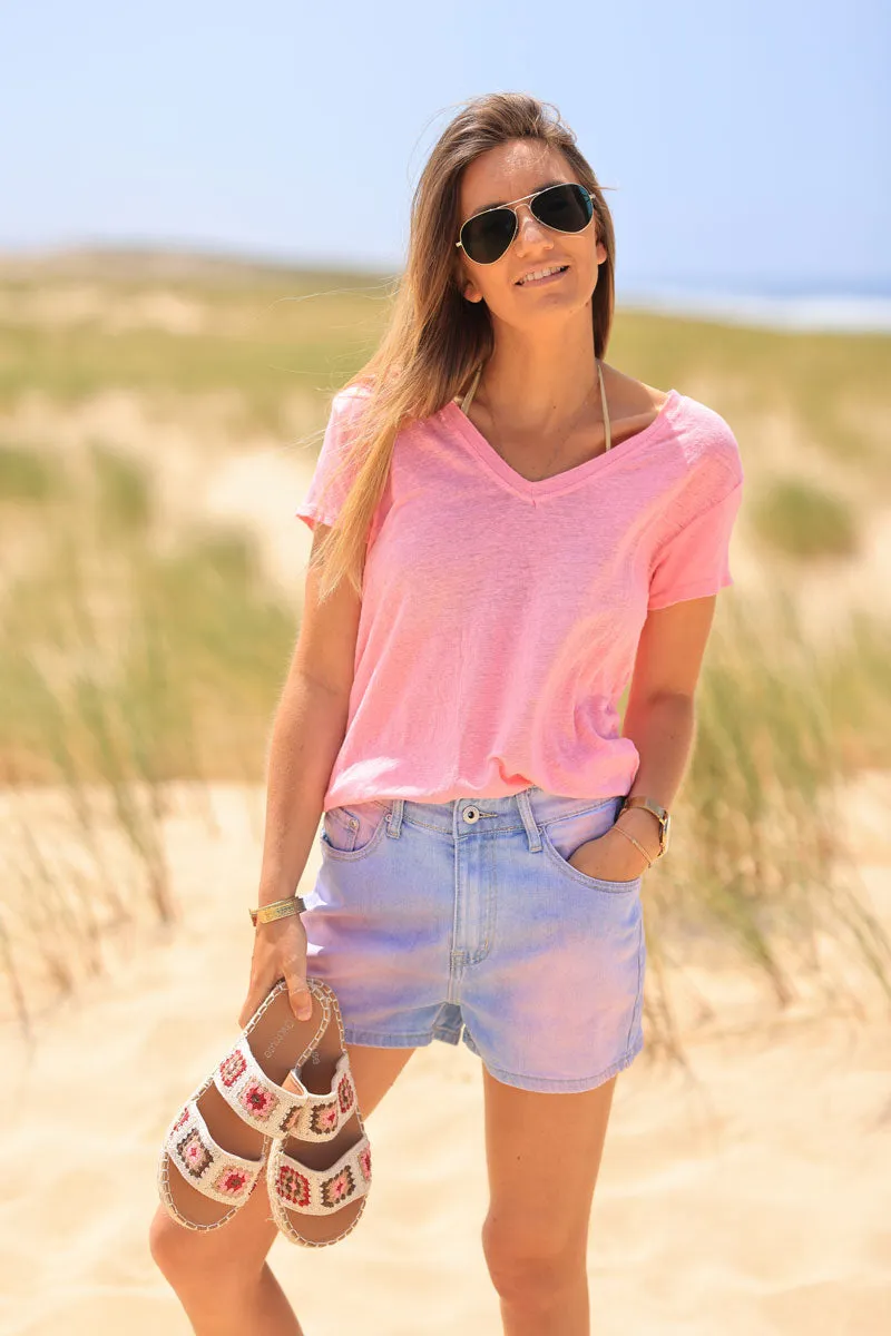 Short en jean delavage rose