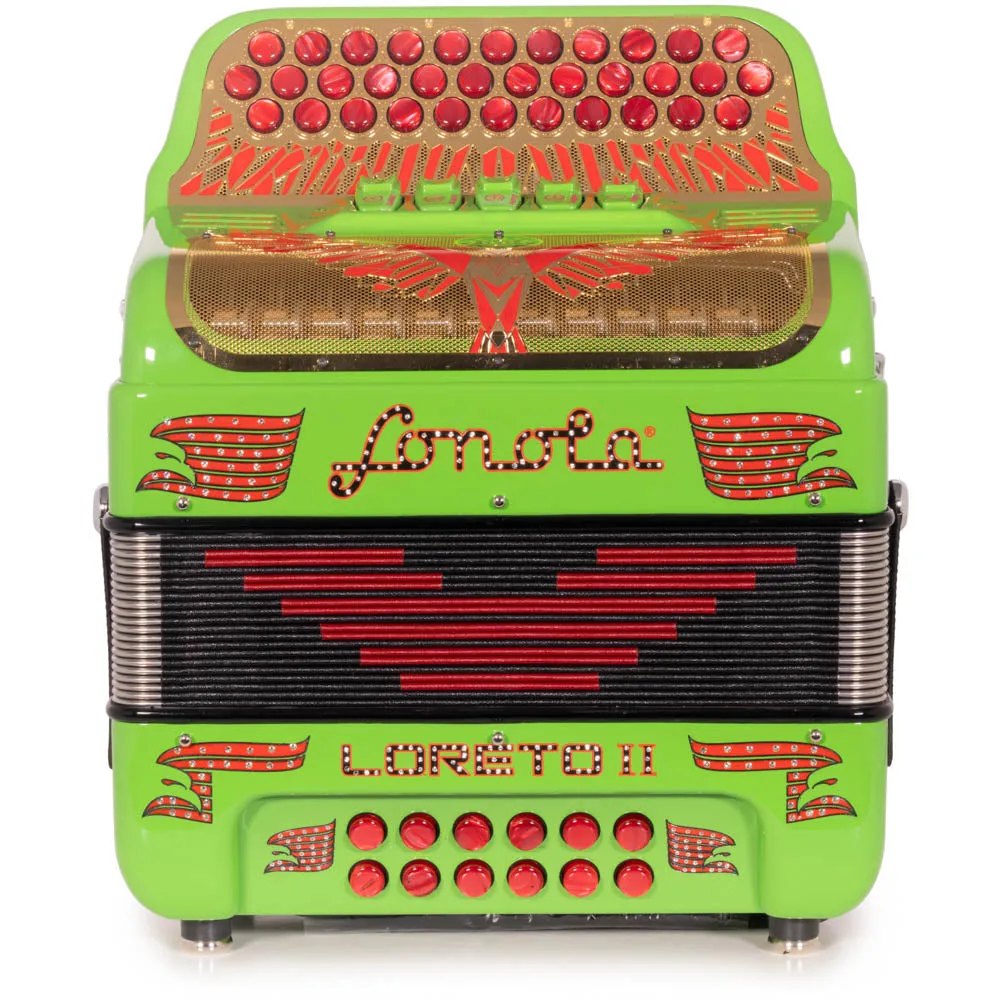Sonola Loreto II Ultra Compacto Acordeón 5 Registros FA Verde Lima con Diseños Rojos