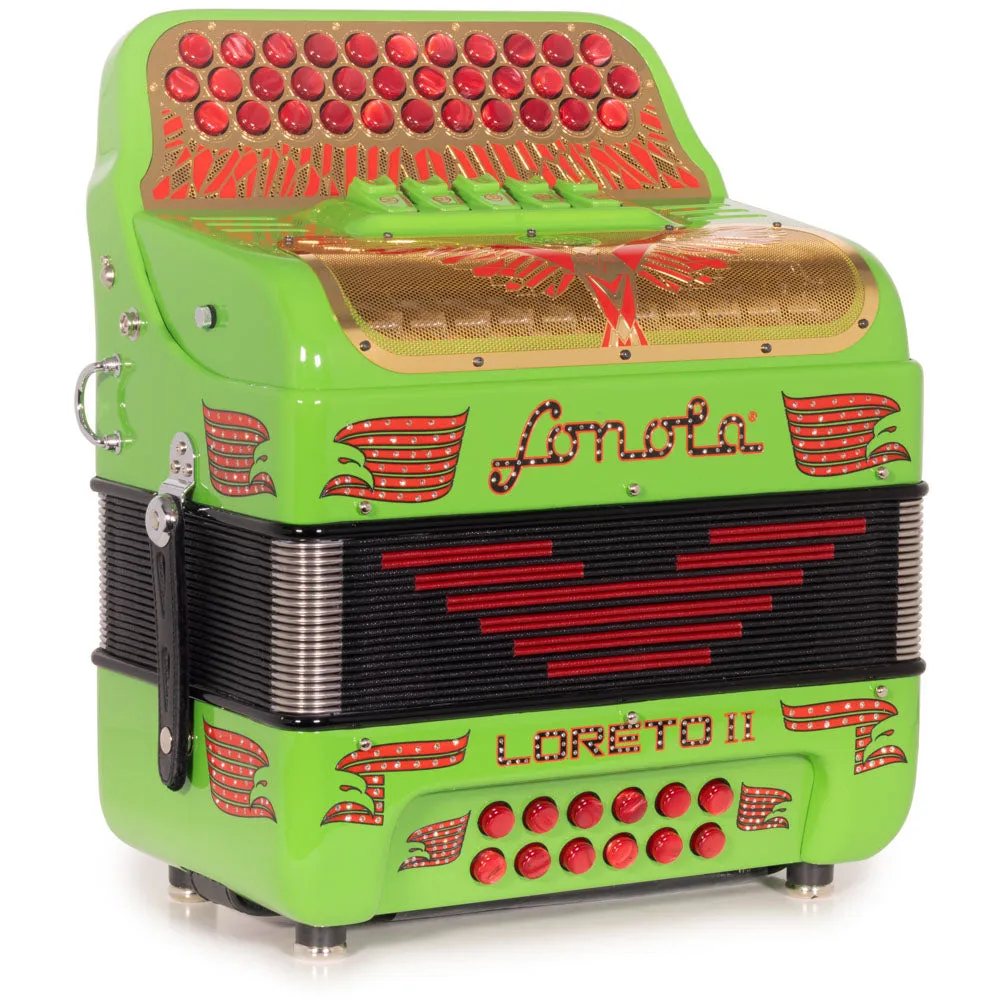 Sonola Loreto II Ultra Compacto Acordeón 5 Registros FA Verde Lima con Diseños Rojos