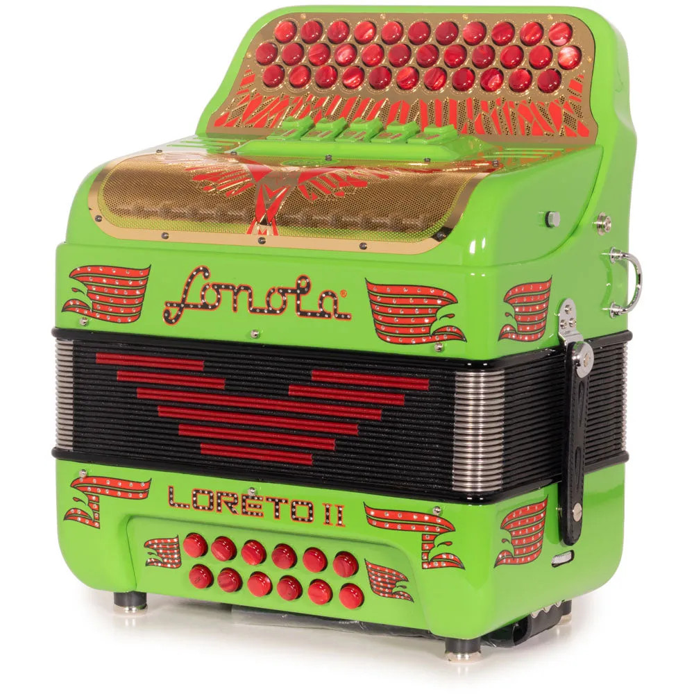 Sonola Loreto II Ultra Compacto Acordeón 5 Registros FA Verde Lima con Diseños Rojos