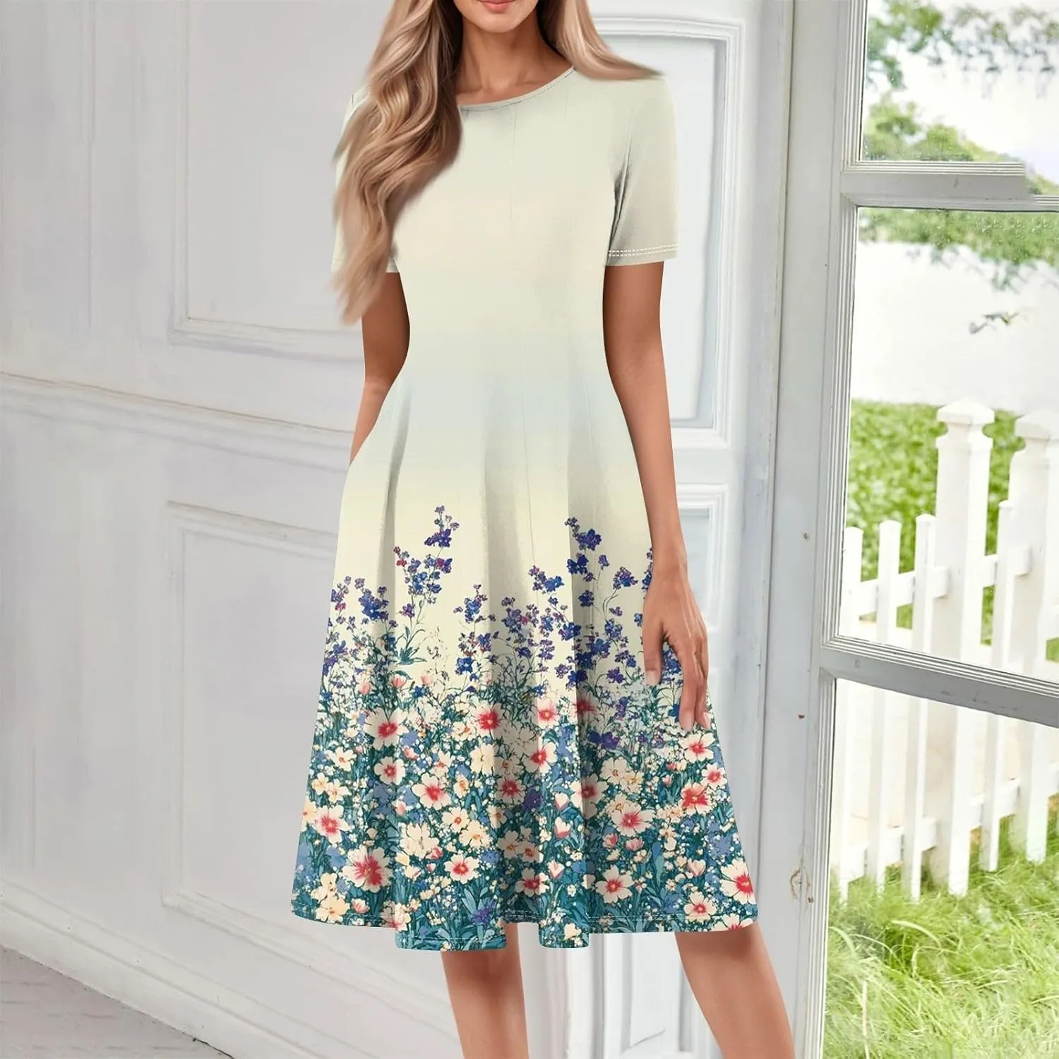 Summer Dresses for Women 2025 Elegant Pleated A Line Short Sleeve Midi Dress Boho Floral Beach Dresses Hawaiian Dress