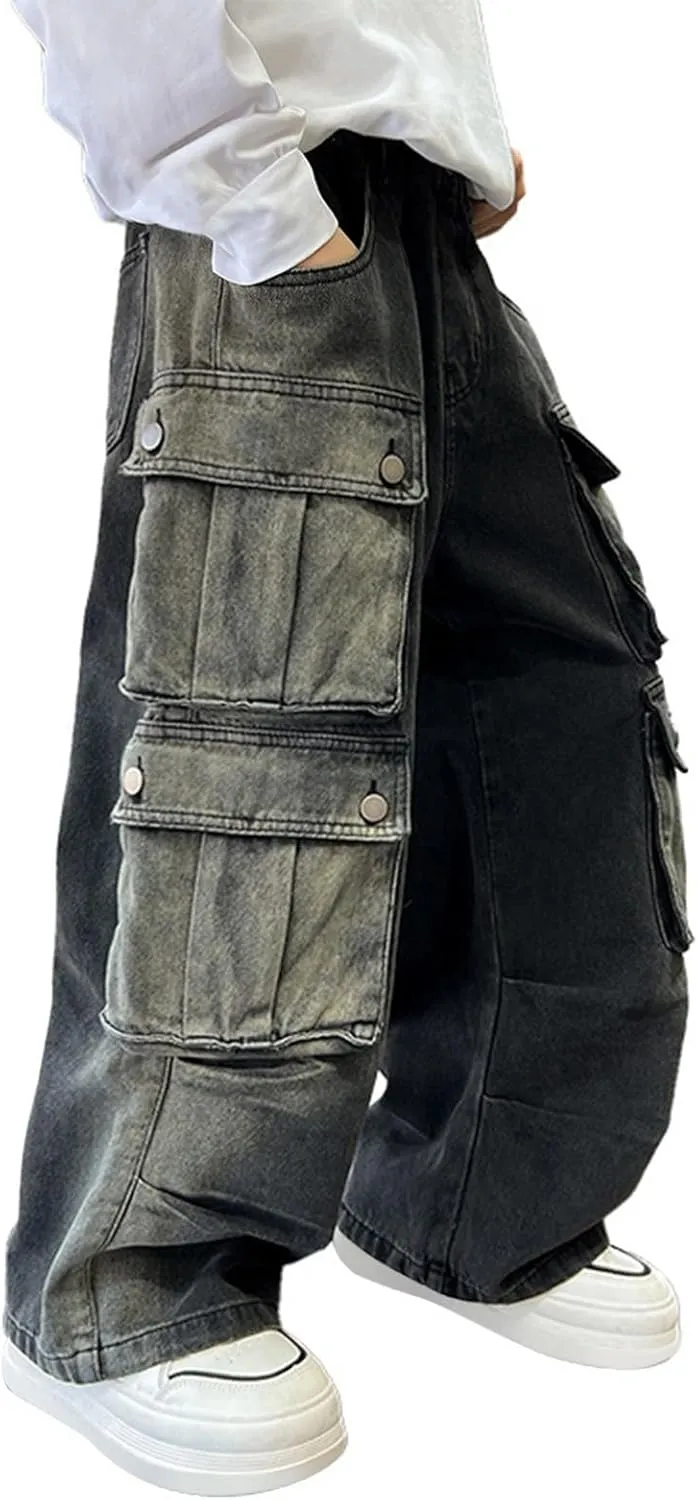 Teen Boys Streerwear Cargo Jeans Wide Leg Vintage Soft Stylish Denim Trousers Youth Boys Loose Pants with Multi Pockets