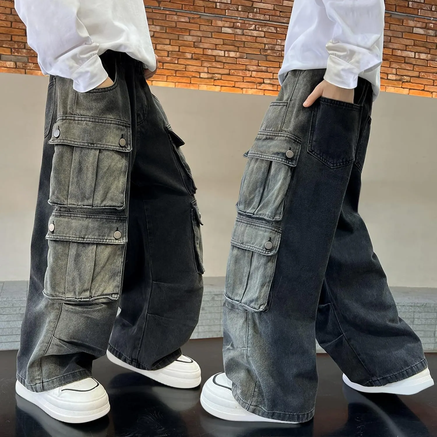 Teen Boys Streerwear Cargo Jeans Wide Leg Vintage Soft Stylish Denim Trousers Youth Boys Loose Pants with Multi Pockets