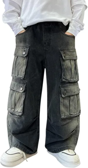 Teen Boys Streerwear Cargo Jeans Wide Leg Vintage Soft Stylish Denim Trousers Youth Boys Loose Pants with Multi Pockets