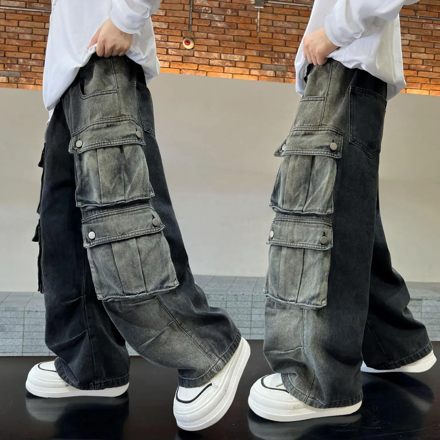 Teen Boys Streerwear Cargo Jeans Wide Leg Vintage Soft Stylish Denim Trousers Youth Boys Loose Pants with Multi Pockets