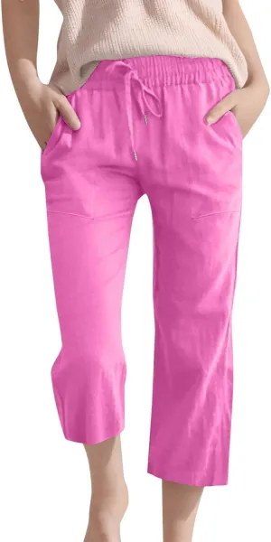 Teen Girls Linen 3/4 Trousers Lightweight Drawsting Straight Wide Leg Elastic Waist Casual Capri Pants Solid Trendy