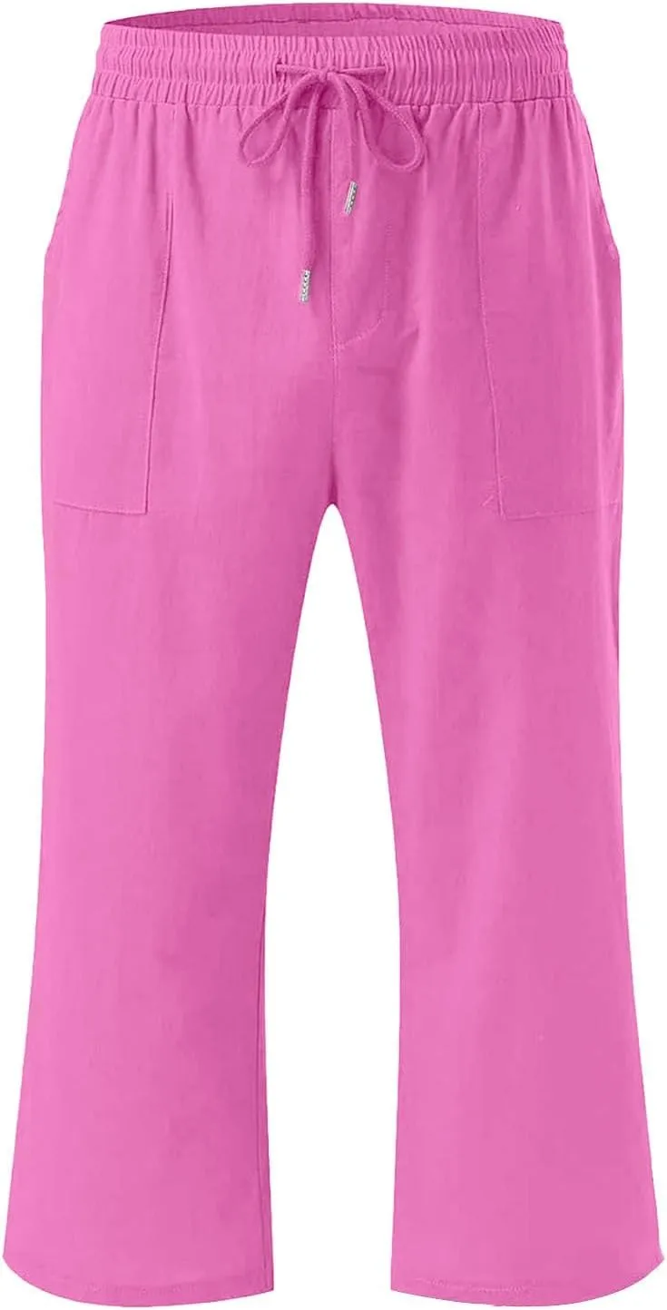 Teen Girls Linen 3/4 Trousers Lightweight Drawsting Straight Wide Leg Elastic Waist Casual Capri Pants Solid Trendy