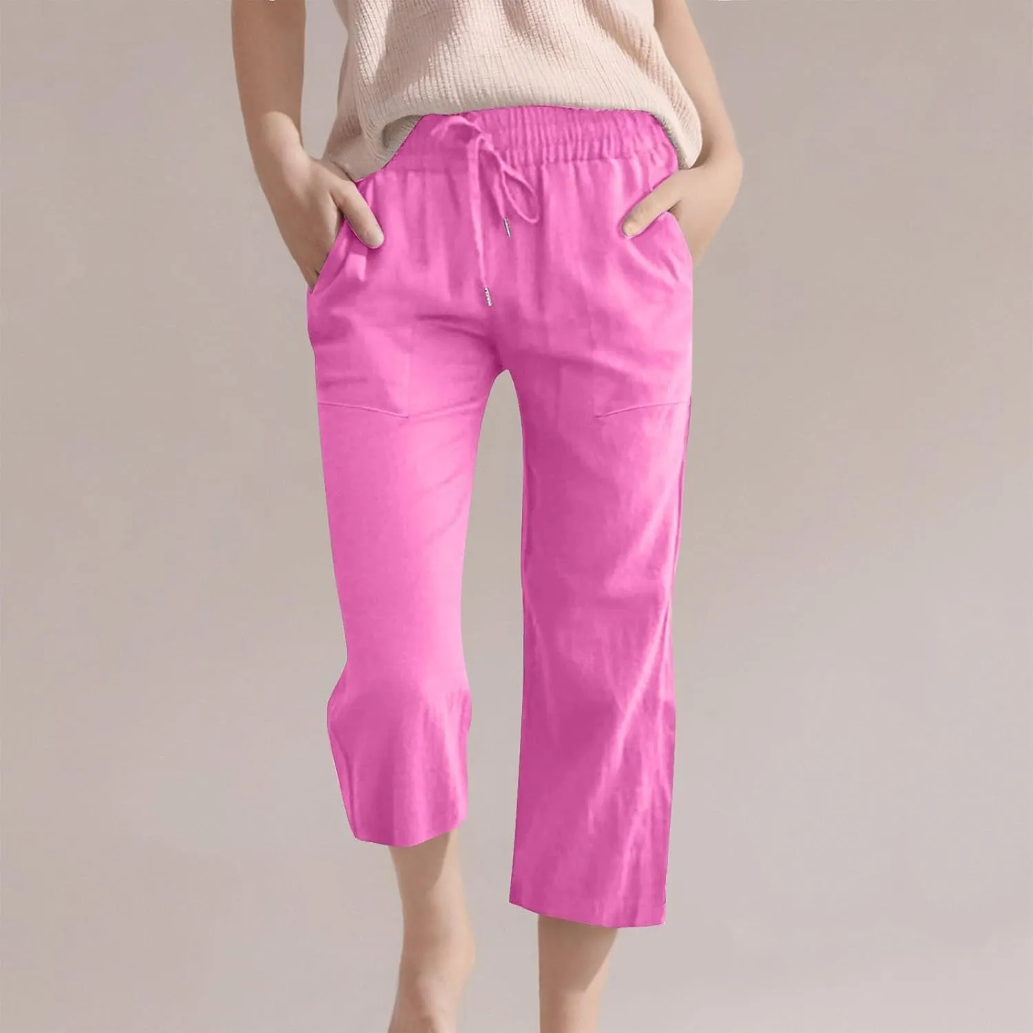 Teen Girls Linen 3/4 Trousers Lightweight Drawsting Straight Wide Leg Elastic Waist Casual Capri Pants Solid Trendy