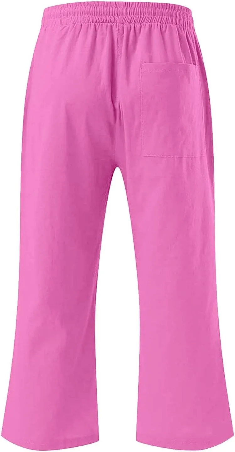 Teen Girls Linen 3/4 Trousers Lightweight Drawsting Straight Wide Leg Elastic Waist Casual Capri Pants Solid Trendy