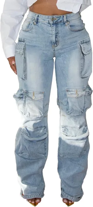 Unybwonn Women Rhinestone Cargo Jeans High Waisted Baggy Sexy Sparkly Cut Out Ripped Distressed Stretchy Denim Pants