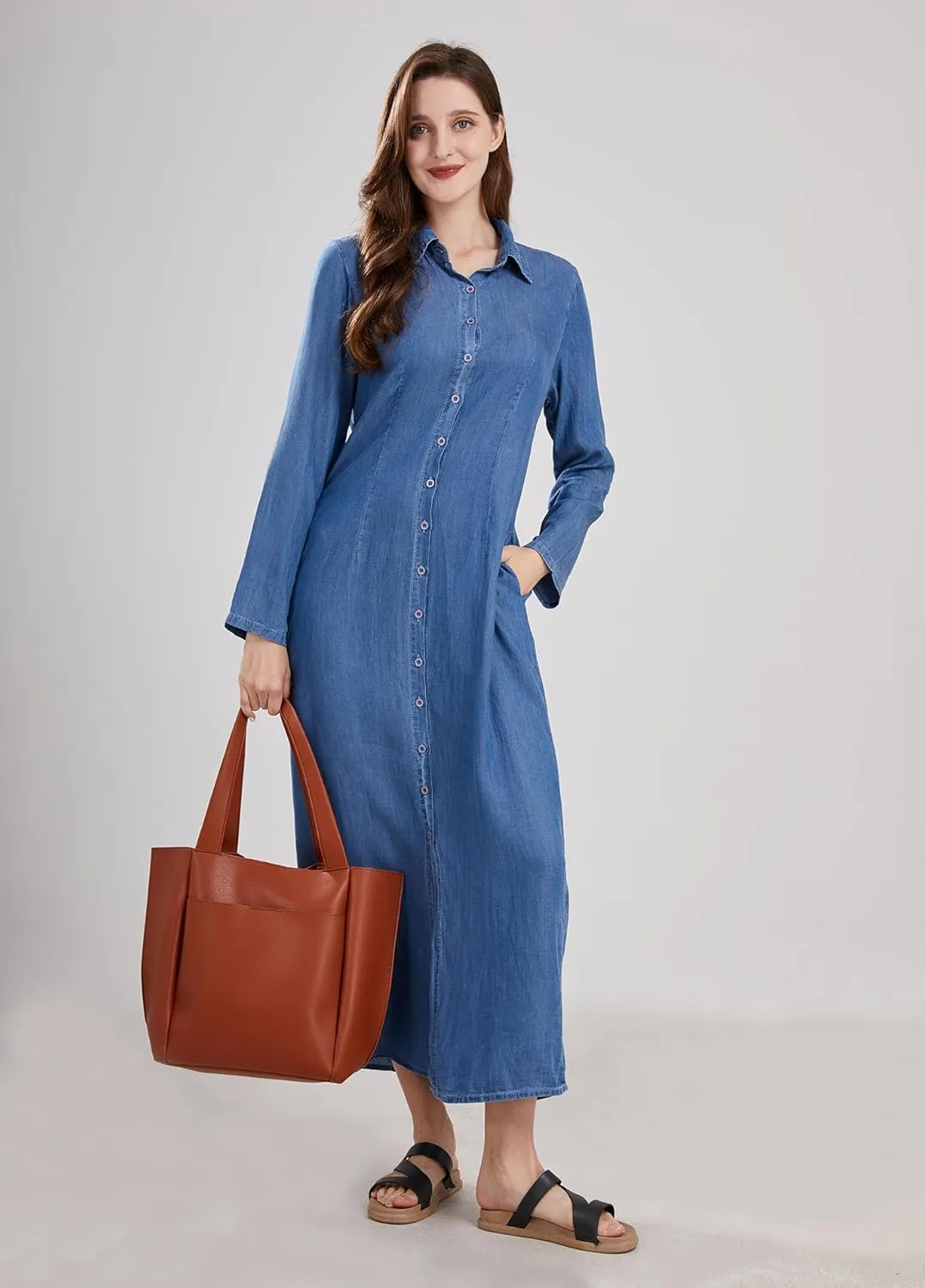 utcoco Womens Casual Button Down Denim Maxi Dress Lapel Long Sleeve Long Jean Dresses with Pockets
