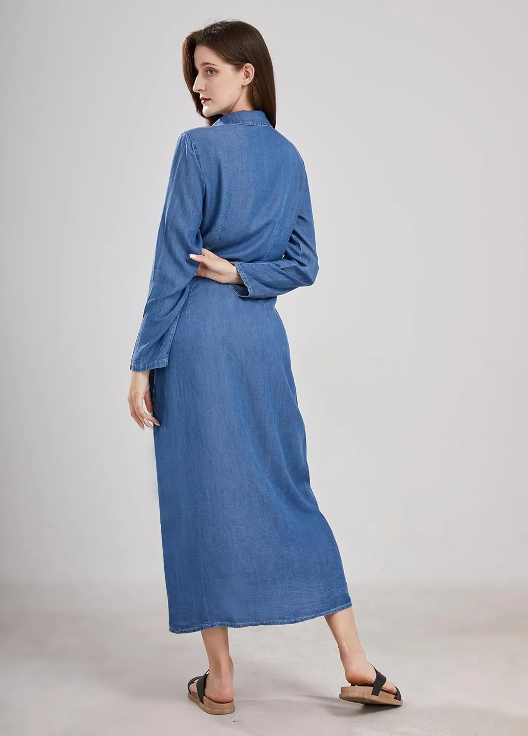utcoco Womens Casual Button Down Denim Maxi Dress Lapel Long Sleeve Long Jean Dresses with Pockets