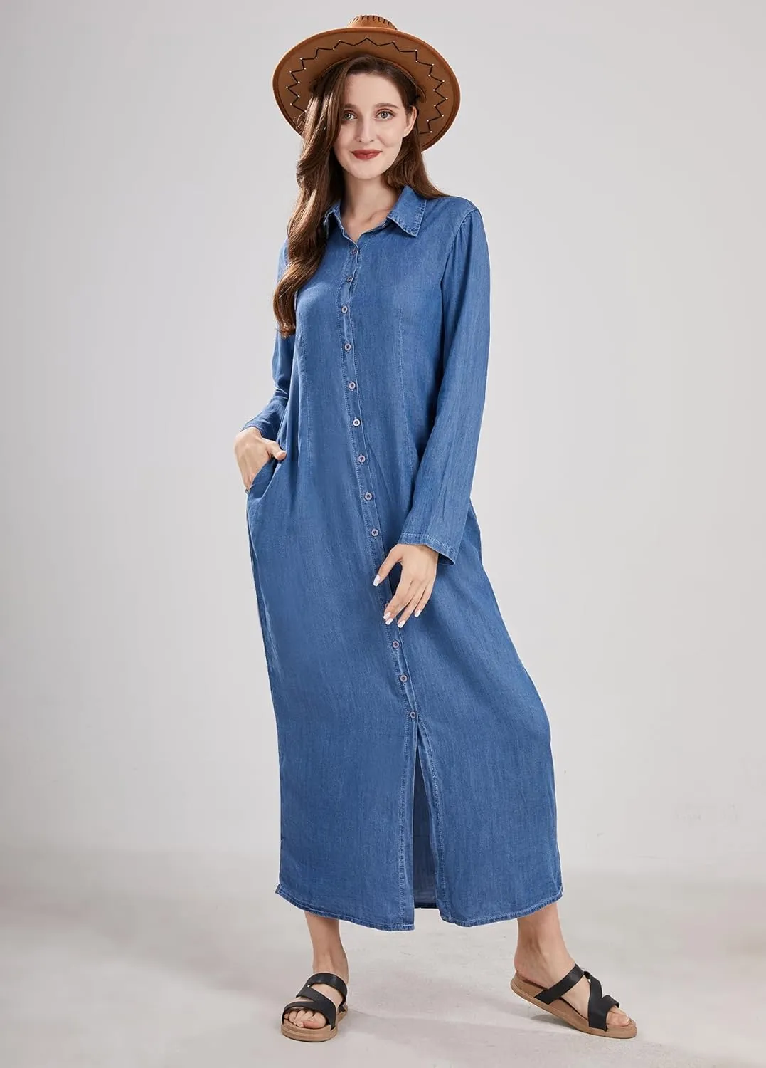 utcoco Womens Casual Button Down Denim Maxi Dress Lapel Long Sleeve Long Jean Dresses with Pockets