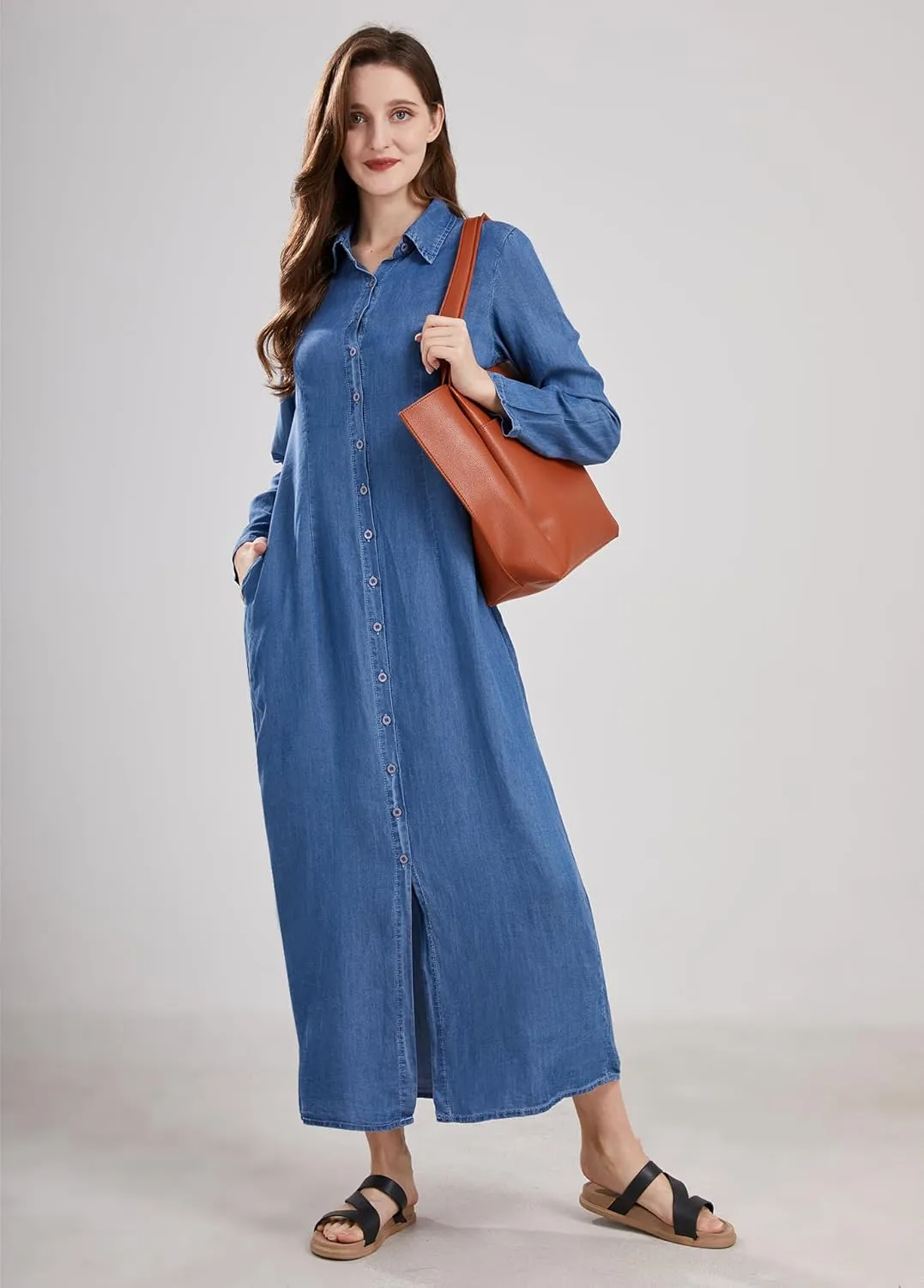 utcoco Womens Casual Button Down Denim Maxi Dress Lapel Long Sleeve Long Jean Dresses with Pockets