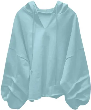 Women Oversized Sweatshirt Casual Solid Lanter Long Sleeve Pullover Hoodies Tops Casual Loose V Neck Fashion Tops