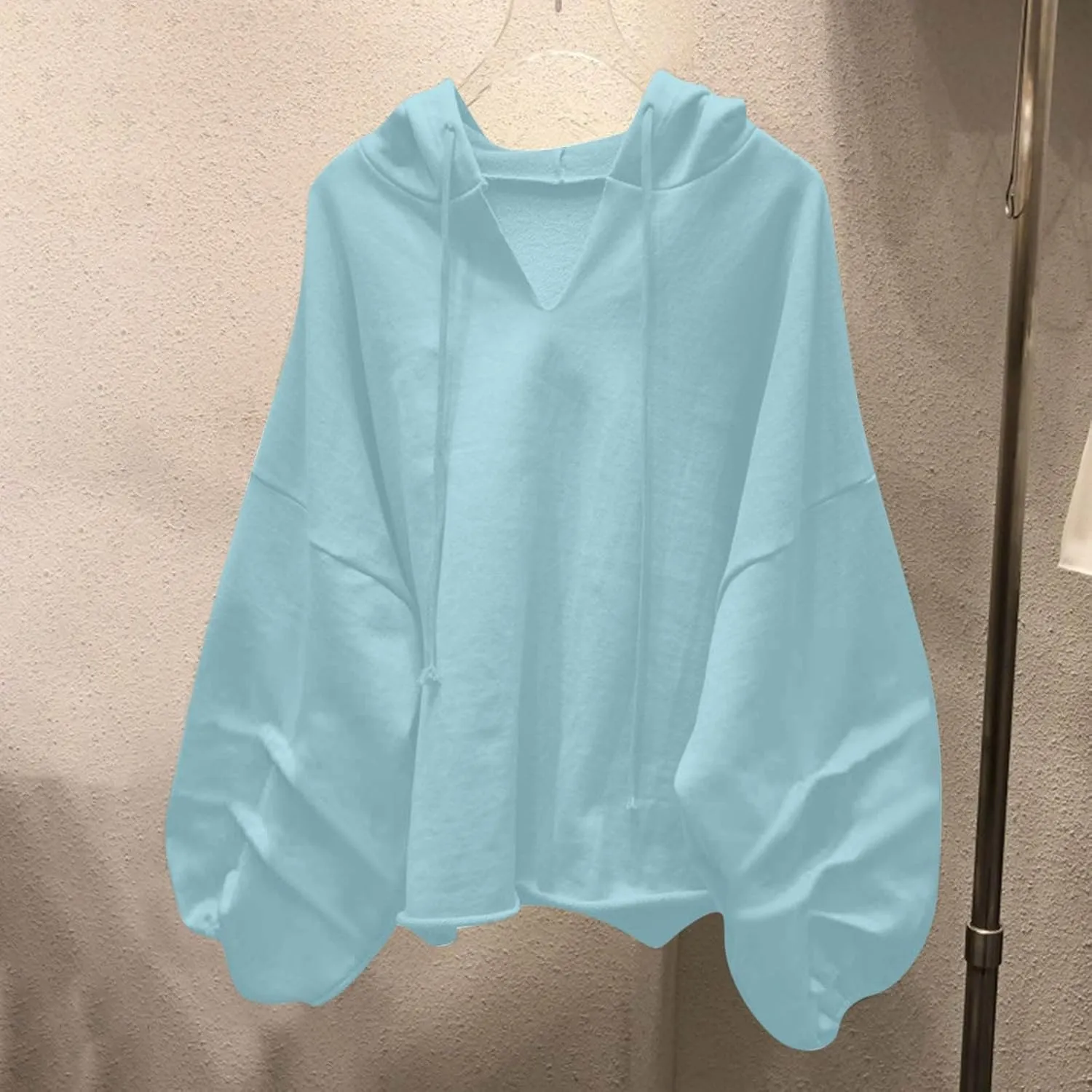 Women Oversized Sweatshirt Casual Solid Lanter Long Sleeve Pullover Hoodies Tops Casual Loose V Neck Fashion Tops