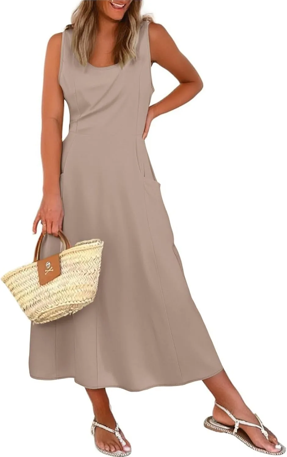 Women Summer Dresses Spaghetti Strap Sleeveless Linen Overall Dress Casual A-Line Midi Long Beach Dress with Pocket