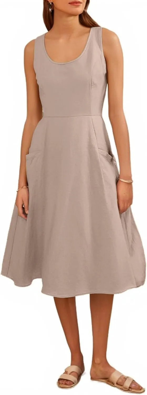 Women Summer Dresses Spaghetti Strap Sleeveless Linen Overall Dress Casual A-Line Midi Long Beach Dress with Pocket