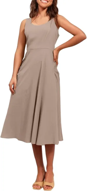 Women Summer Dresses Spaghetti Strap Sleeveless Linen Overall Dress Casual A-Line Midi Long Beach Dress with Pocket
