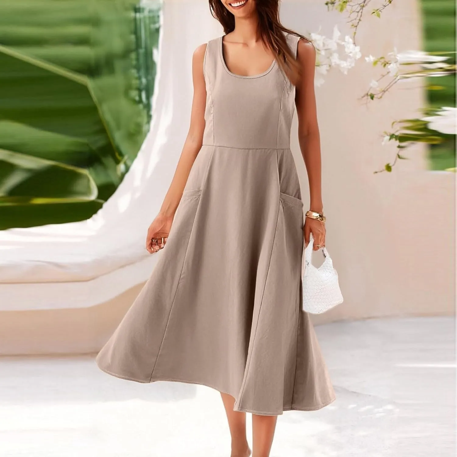 Women Summer Dresses Spaghetti Strap Sleeveless Linen Overall Dress Casual A-Line Midi Long Beach Dress with Pocket