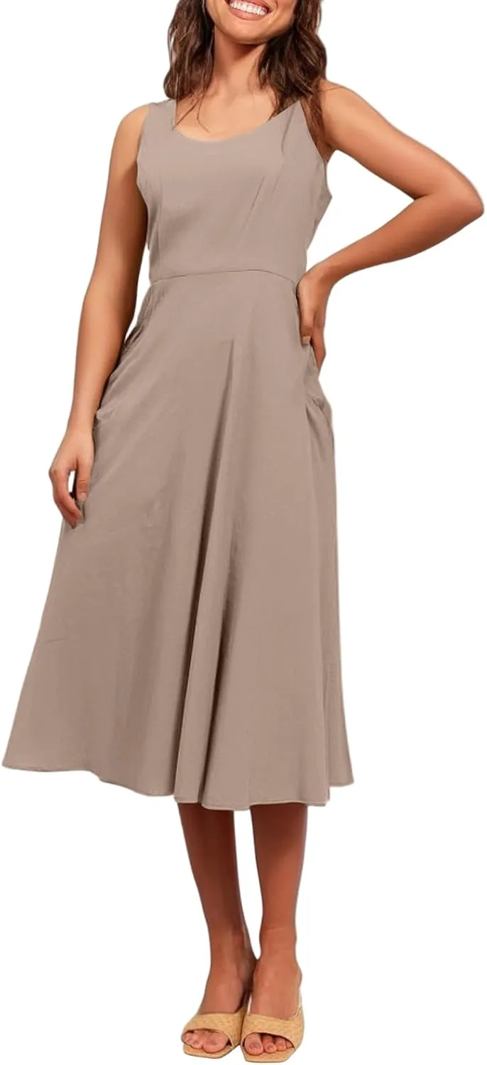 Women Summer Dresses Spaghetti Strap Sleeveless Linen Overall Dress Casual A-Line Midi Long Beach Dress with Pocket