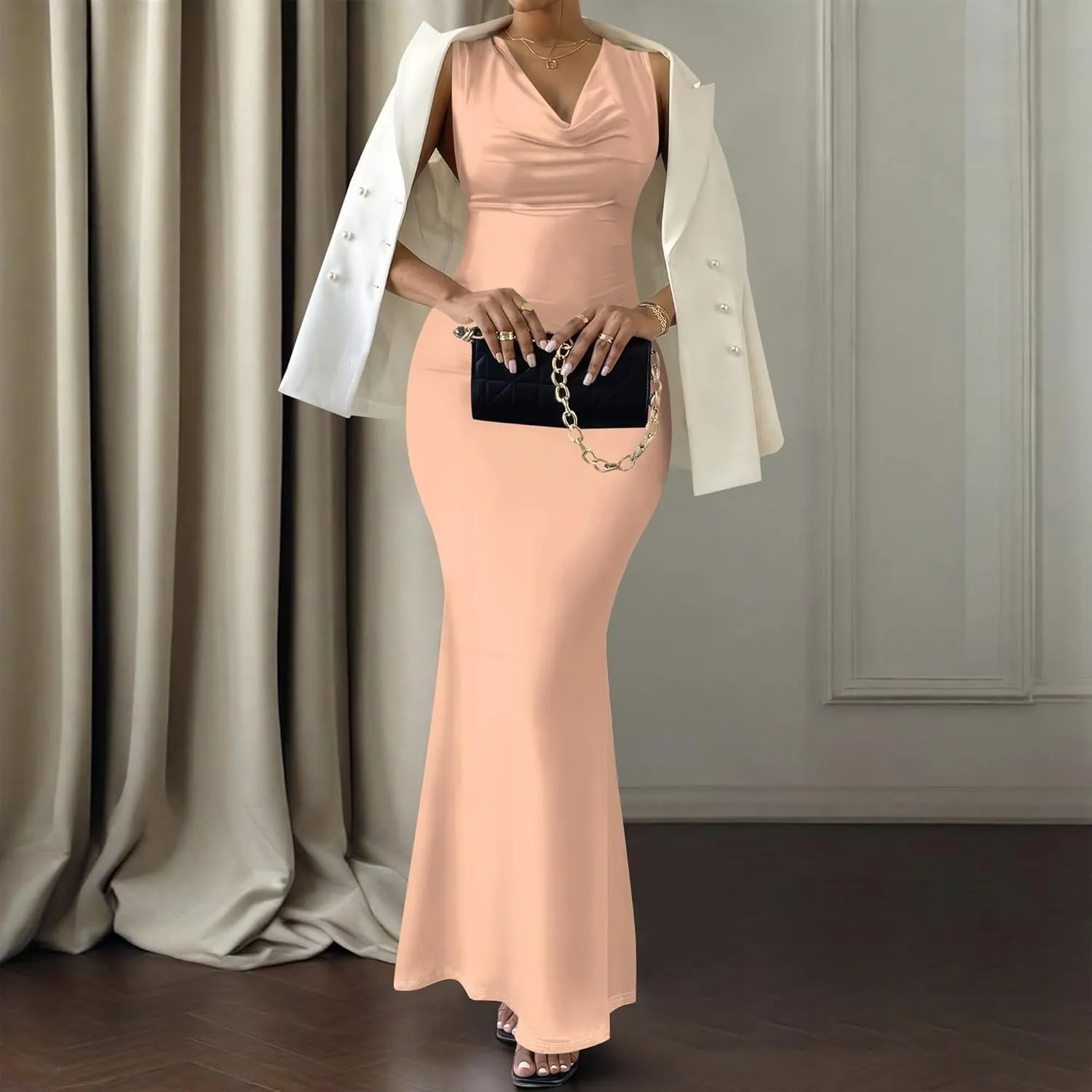 Women Summer Fashion Sexy Dress Sleeveless V Neck Side Slits Maxi Bodycon Mermaid Cocktail Evening Parties Dresses