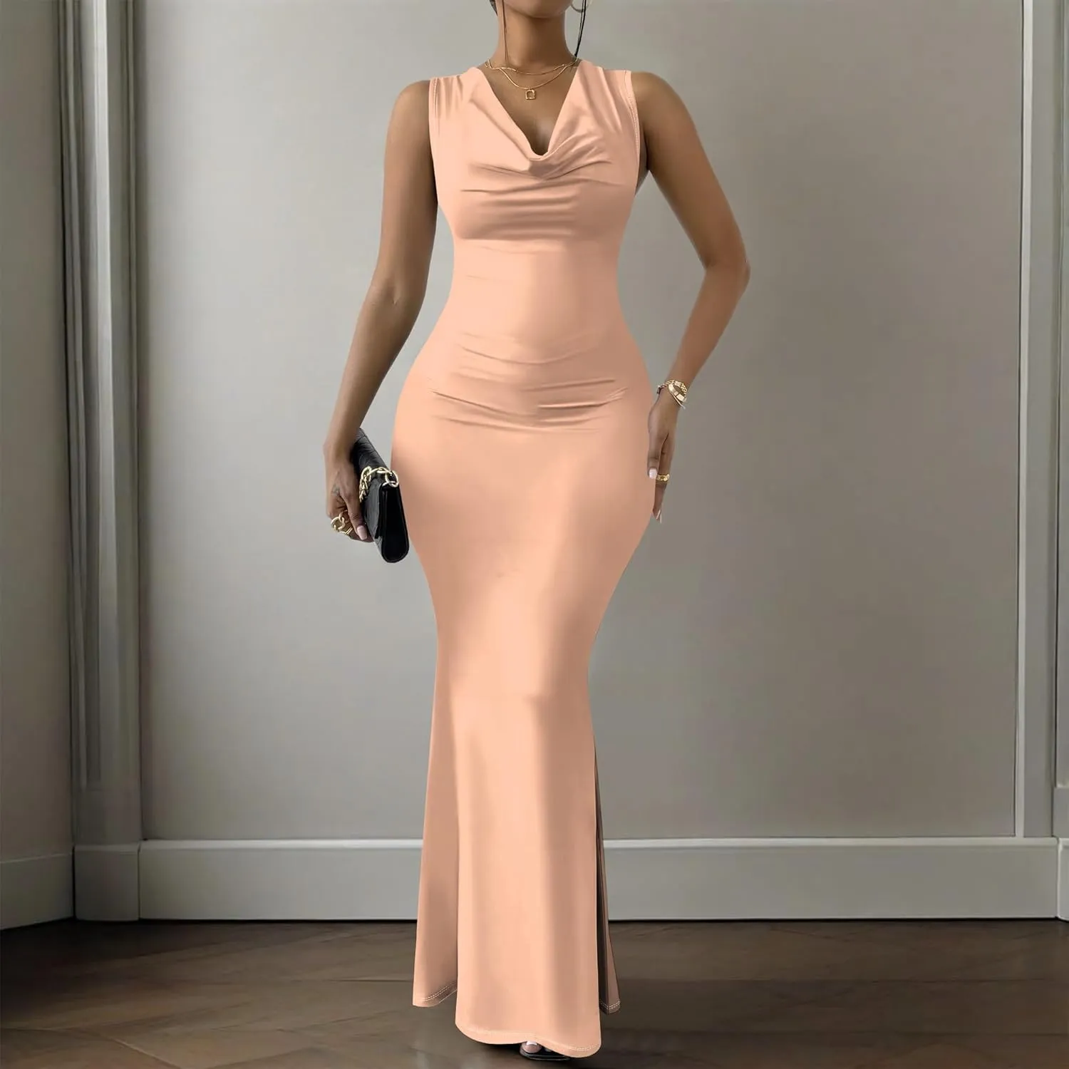 Women Summer Fashion Sexy Dress Sleeveless V Neck Side Slits Maxi Bodycon Mermaid Cocktail Evening Parties Dresses