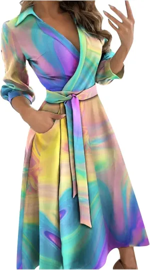 Women's 3/4 Sleeve Spring Summer Dress Wide Collar V Neck Faux Wrap Aline Casual Short Sleeve Work Dresses