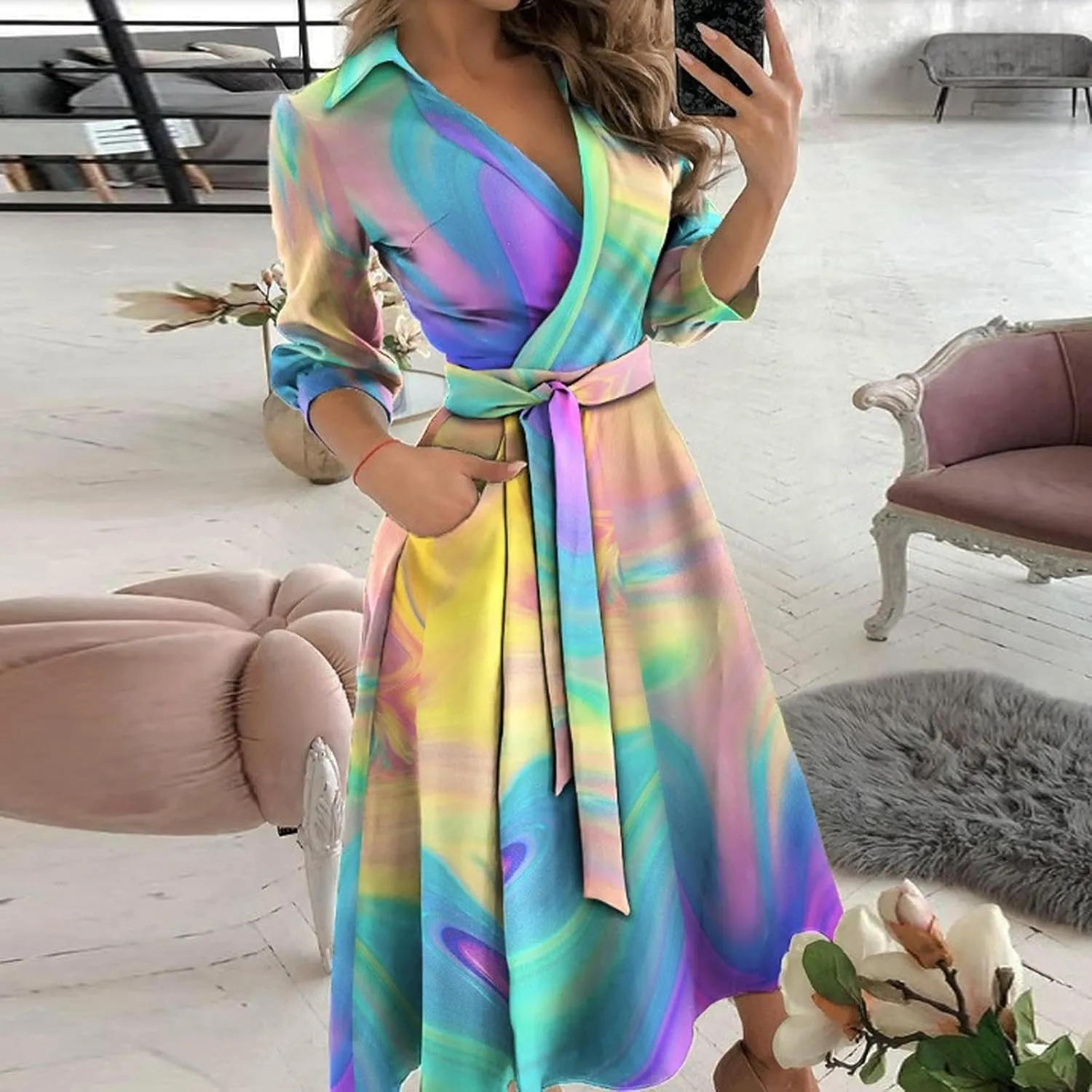 Women's 3/4 Sleeve Spring Summer Dress Wide Collar V Neck Faux Wrap Aline Casual Short Sleeve Work Dresses